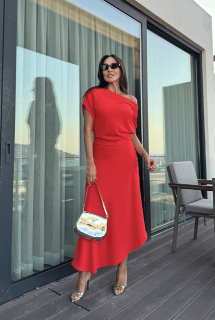 Red A Line Boat Neck Dress