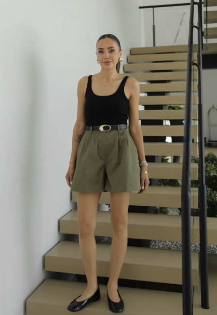 High Waist Olive Green Belted Short