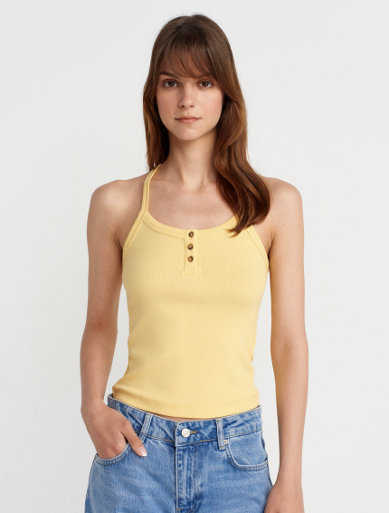Button Detail Strappy Tank Top - Yellow