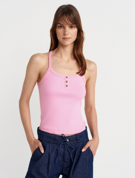 Button Detail Strappy Tank Top - Pink
