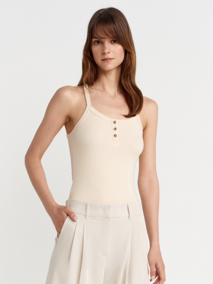 Button Detail Strappy Tank Top - Beige