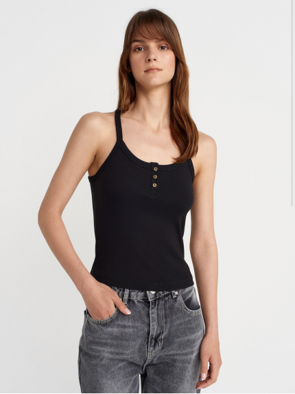 Button Detail Strappy Tank Top - Black
