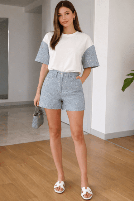Light Blue Sequined Denim Short