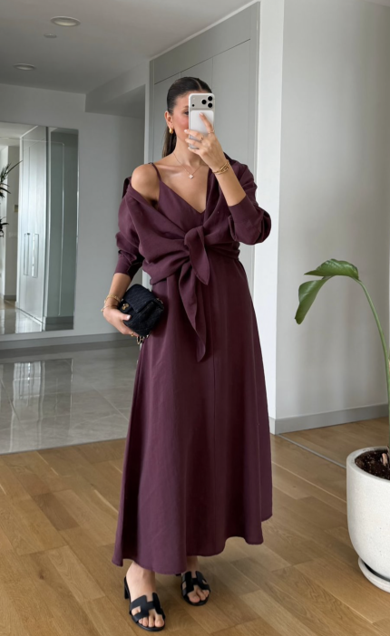Burgundy Wrap Maxi Dress and Shirt Set