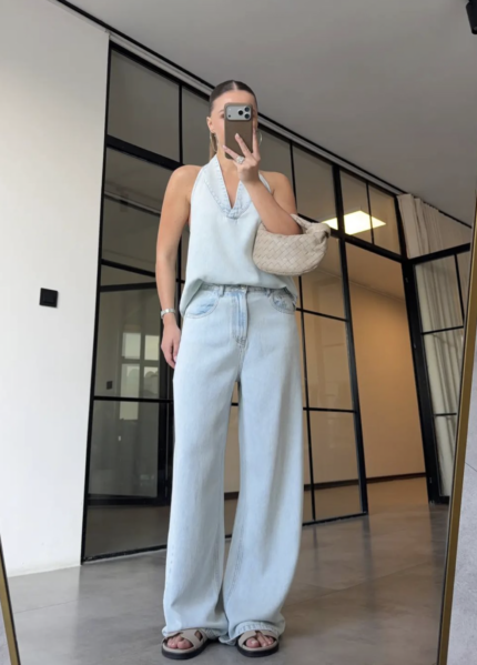 Light Wash Denim Halter Set