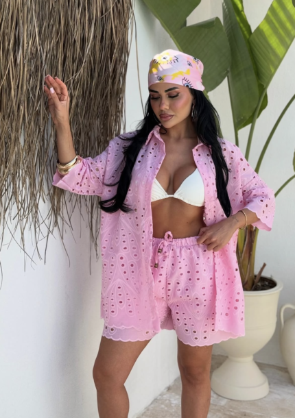 Pink Embroidered Shorts Set