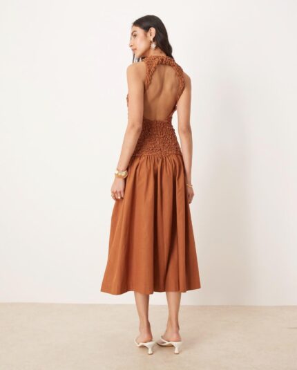 MNG crinkle textured drop waist dress in burnt orange