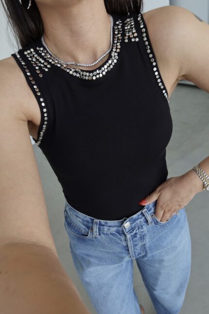 Ribbed Top with Embellished Collar and Sleeves-Black