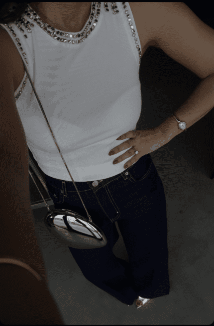 Ribbed Top with Embellished Collar and Sleeves-Ecru