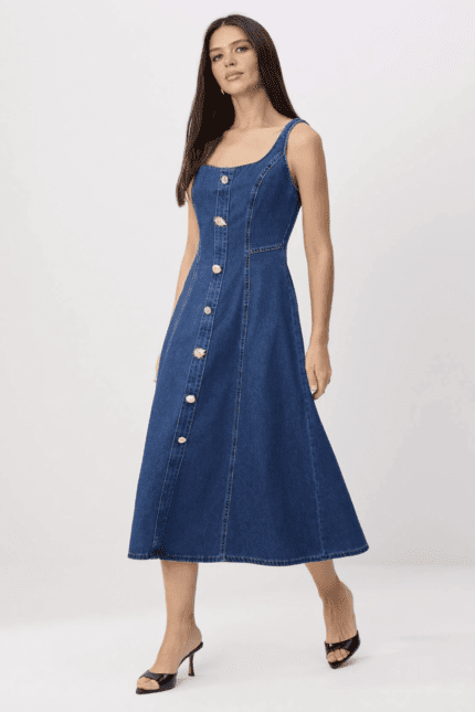 Gold Button Detail Denim Dress