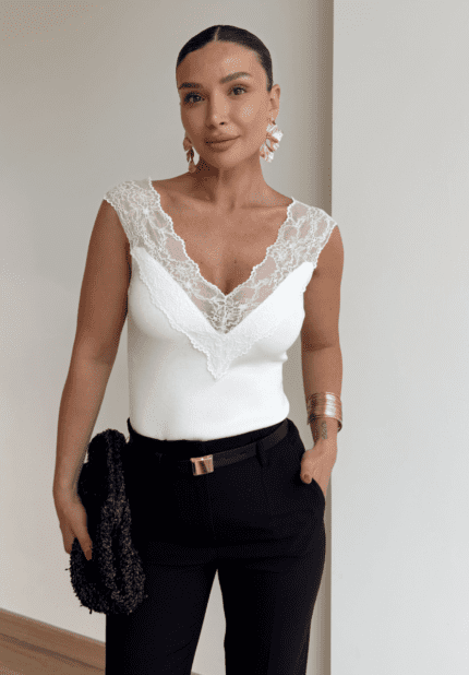 V Neck Lace White Top