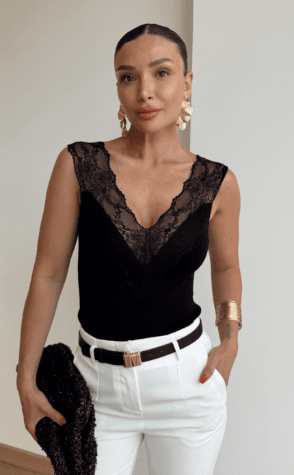 V Neck Lace Black Top