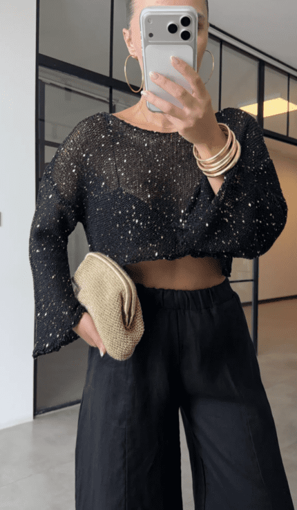 Sequined Mercerized Top-Black