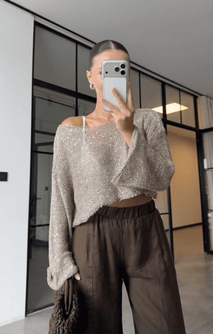 Sequined Mercerized Top-Beige