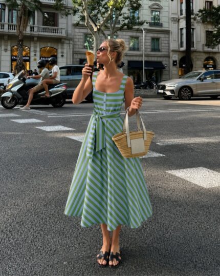 Belted Striped Blue & Green Midi Dress