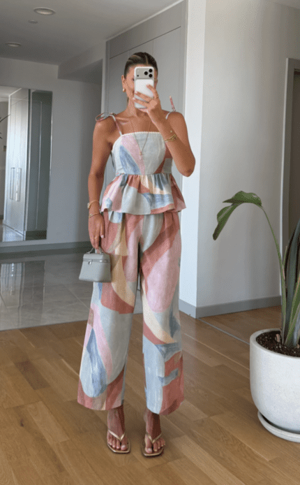 Patterned Blouse and Pants Set